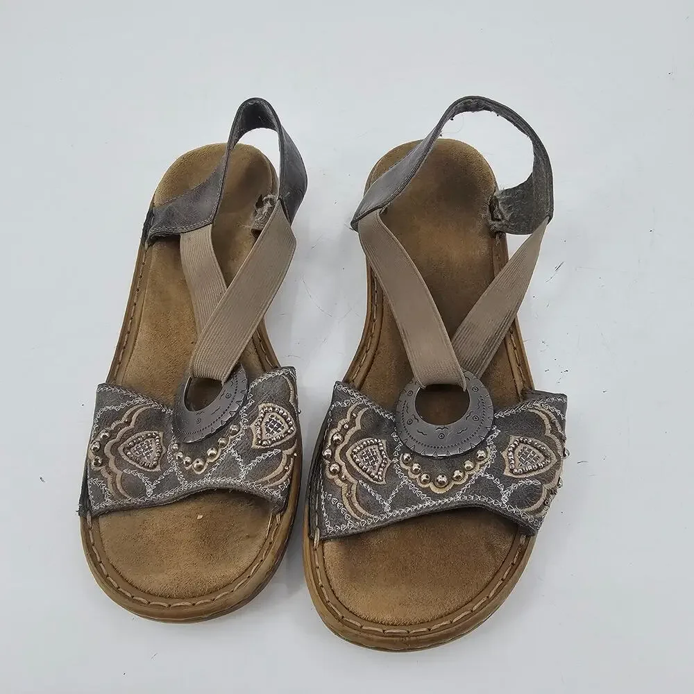 Y2K Rieker Beaded Gray Embroidered Strappy Sandals Boho Silver Emblem EU 40 9.5